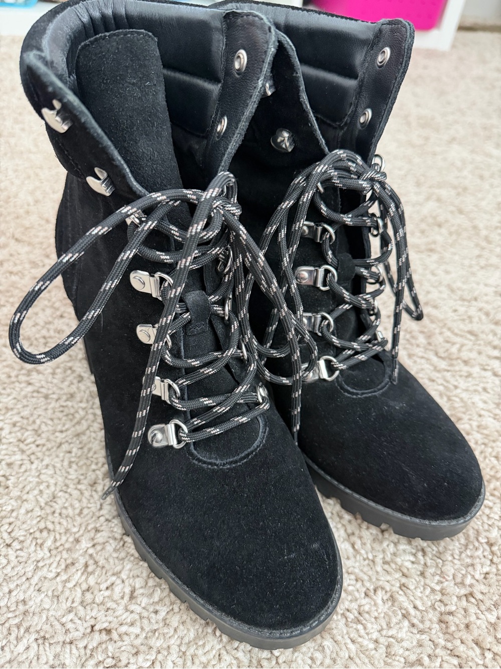 1901 Black Suede Leather Lug Sole Lace-Up Ankle Combat Boots Women's Size 9